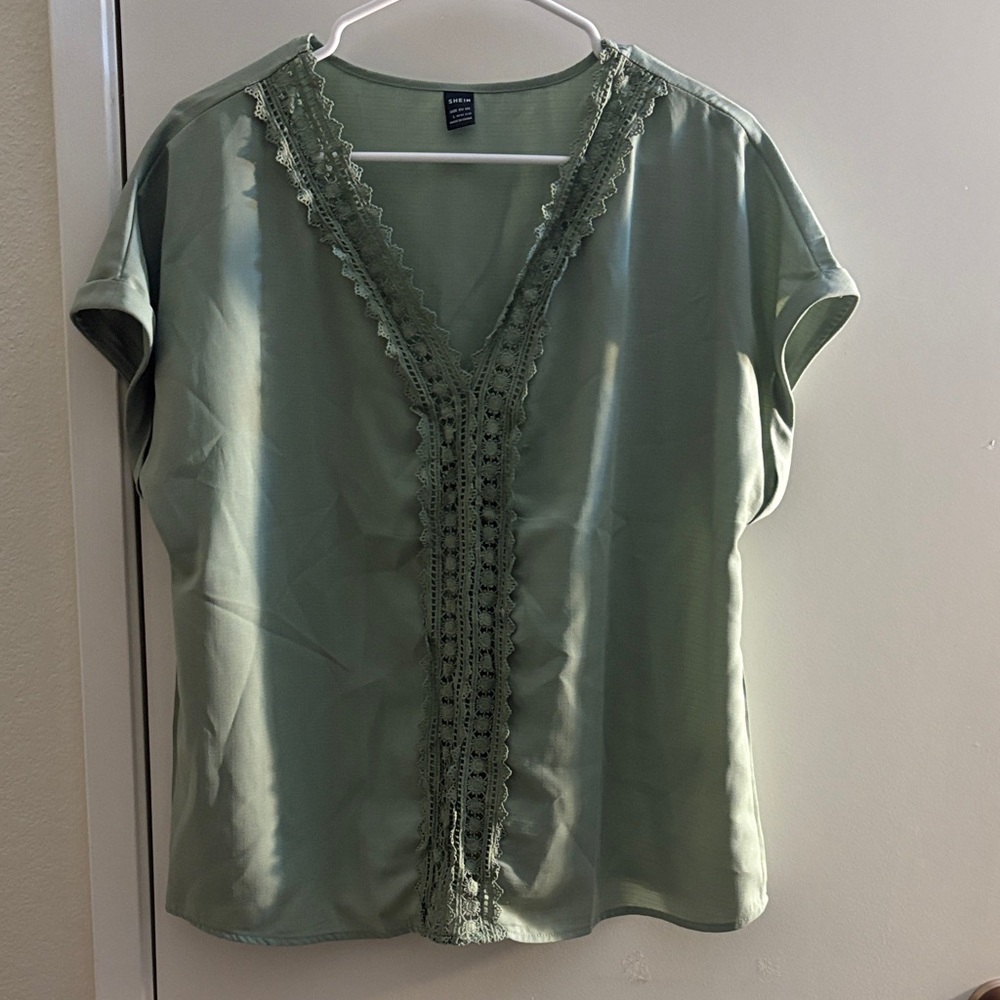 SHEIN Sage Green Lace V-Neck Blouse